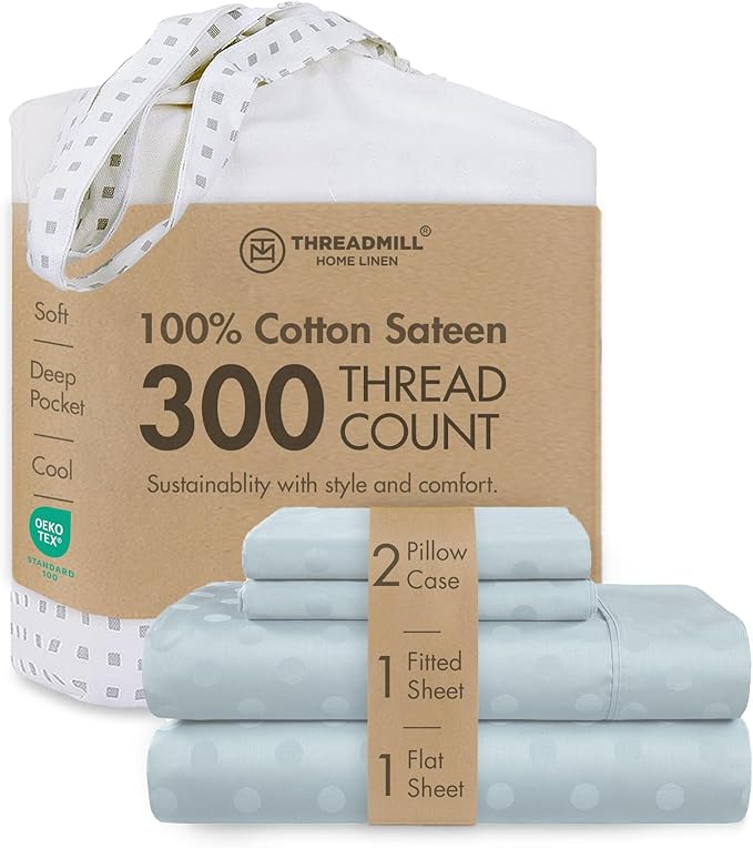 Threadmill 100% Cotton Sheets for King Size Bed | 4 Pc King Bed Sheets Set | Soft, Breathable Lightweight Damask Sateen for All-Season Use | Snug Fit Elastic Deep Pocket King Sheets | Light Blue