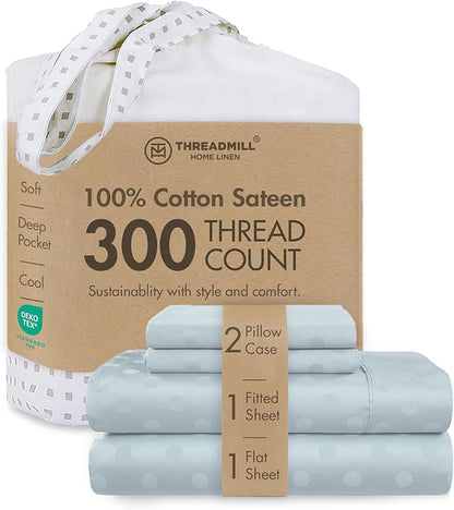 Threadmill Cotton Full Size Sheet Set | 100% Cotton Sheets for Full Size Bed | Damask Jacquard Full Bed Sheets Set with 16” Deep Pocket | Soft Sateen Weave 4-Piece Cooling Bedding Set | Light Blue