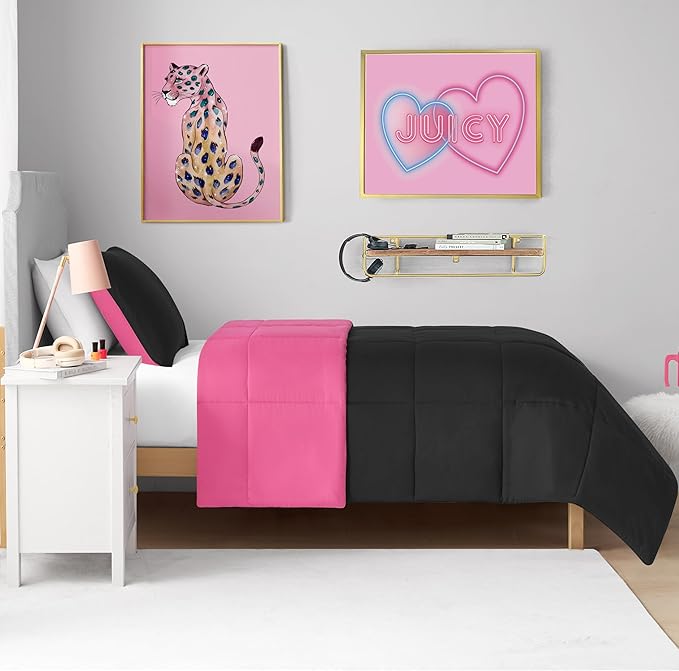 Juicy Couture Reversible Box Stitch Comforter Set, 2-Piece Twin/Twin XL – Hot Pink/Black – Glam Bedding Set