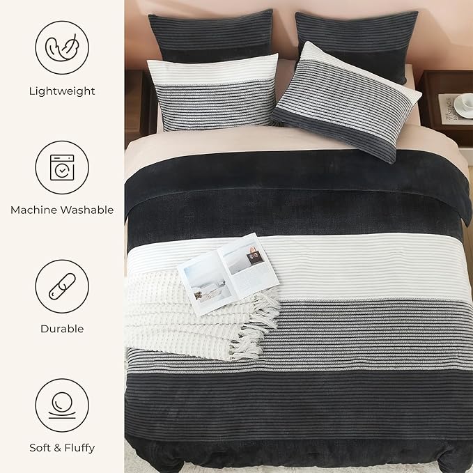 Litanika Fluffy Fleece King Size Comforter Set, Luxury Soft Plush Fuzzy Grey White Stripe Bedding Comforter Sets, Warm Shaggy Faux Fur Bed Set All Season (1 Comforter, 2 Pillowcases)