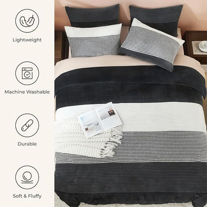 Litanika Fluffy Fleece King Size Comforter Set, Luxury Soft Plush Fuzzy Grey White Stripe Bedding Comforter Sets, Warm Shaggy Faux Fur Bed Set All Season (1 Comforter, 2 Pillowcases)