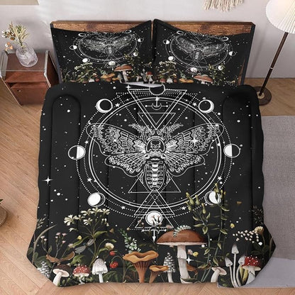 Full Size Comforter Set with 2 Pillowcases, Moth Dead Moon 3 Pcs Bedding for Kids and Adults, Vintage Mushroom Wildflower Soft Comforter Set for Bedroom Bed Decor