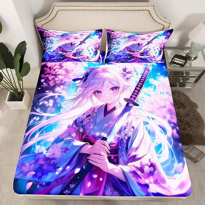 Erosebridal Anime Girl Full Bedding Set for Kids, Kawaii Japanese Anime Fitted Sheet Cartoon Girl Bed Sheets Sci Fi Style Japanese Animation Sheets for Kids Girls Teens Adult Bedroom