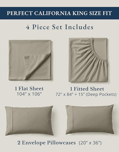 LANE LINEN 100% Organic Cotton California King Sheets Set, Fully Elasticized Reinforsed Seams in Fitted Pocket, Machine Washable Naturally Cooling All Season Cal King Sheet- Silver