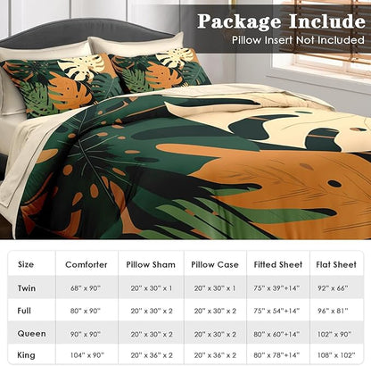 Comforter Set Twin Size, Boho Monstera Leaves 5 Pcs Bedding for Kids and Adults, Bohemian Plant Summer Bed Sheet Sets with Fitted Sheet Pillowcase & Sham for Bedroom Bed Decor