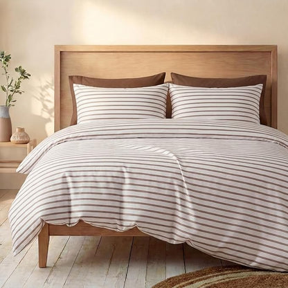 Bedbay Beige Striped Duvet Cover Set King Size, 100% Cotton Sateen Bedding, Soft & Breathable Neutral Bedding Set, Modern Farmhouse Style, 3 Pcs Striped Comforter Cover with Zipper & Corner Ties