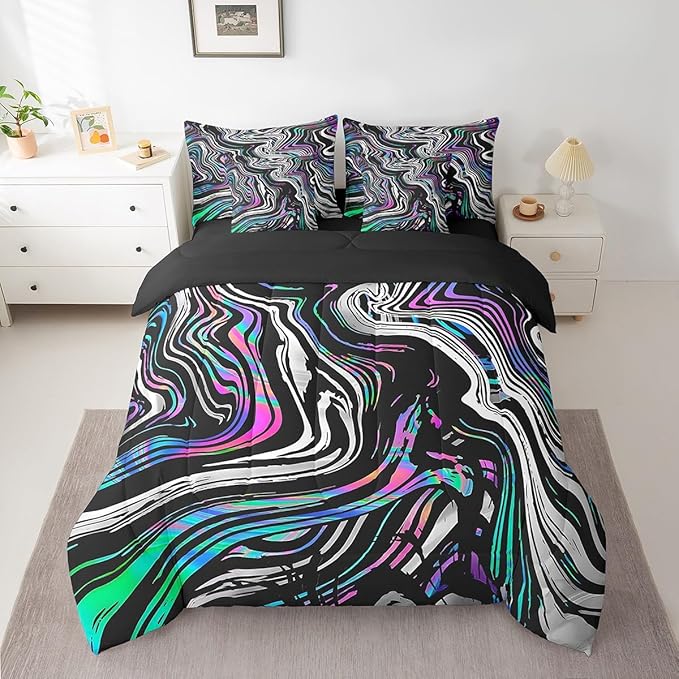 Neon Stripes Bedding Sets Colorful Gradient Geometric Lines Comforter Set for Kids Teens Adults All Season (Comforter Flat Sheet Fitted Sheet 2 Pillowcases 2 Throw Pillow Covers) Queen 7 Pcs
