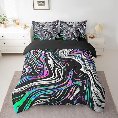 Neon Stripes Bedding Sets Colorful Gradient Geometric Lines Comforter Set for Kids Teens Adults All Season (Comforter Flat Sheet Fitted Sheet 2 Pillowcases 2 Throw Pillow Covers) Queen 7 Pcs