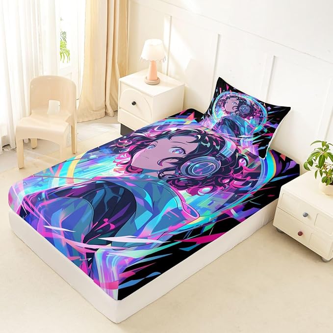 3D Anime Girl Bed Sheets American Street Culture Fitted Sheet Twin for Teens Youth Girls Watercolor Graffiti Style Bedding Set Galaxy Stars Print Sheets with 1 Pillow Case, No Flat Sheet