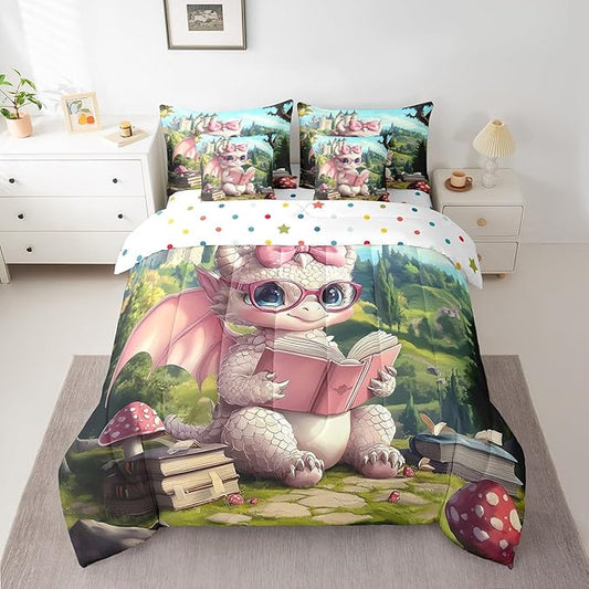 7 Pieces Full Size Cute Girly Dragon Comforter Set,Vintage Mid-Century Castle Bedding Set for Girls,Magical Fantasy Wildlife (Comforter+Fitted+Flat Sheet+2 Pillowcases+2 Throw Pillow Covers