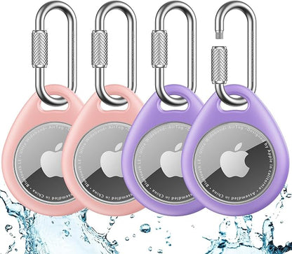 UNBREAKcable for AirTag Holder Case with Professional Carabiner, 4 Pack | Waterproof, Shockproof, Hold Securely, Easy to Install, Protective AirTag Keychain for Keys, Pets, Luggage-Pink&Purple