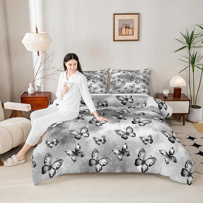 Erosebridal Butterfly Bedding Sets Queen - Dreamy Coquette Comforter Set for Kids Adults Watercolor Gradient Grey Butterfly Duvet Insert Galaxy Stars Print Quilt