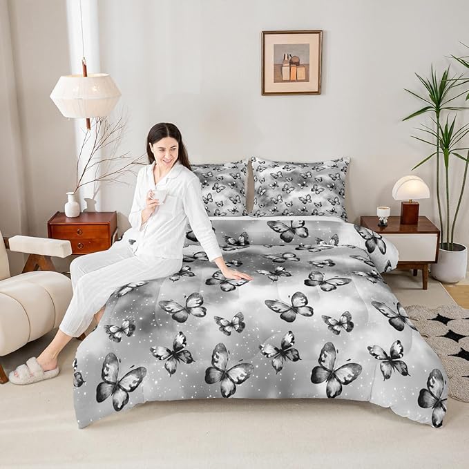 Erosebridal Butterfly Bedding Sets Full - Dreamy Coquette Comforter Set for Kids Adults Watercolor Gradient Grey Butterfly Duvet Insert Galaxy Stars Print Quilt