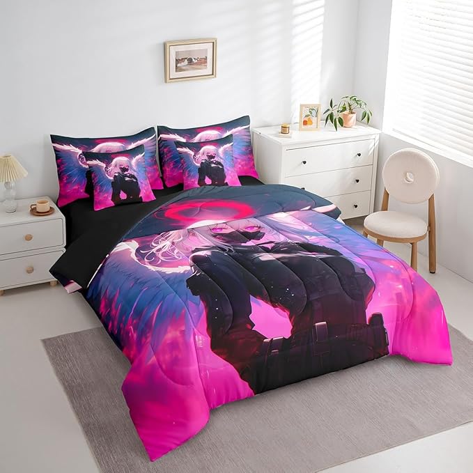 Erosebridal Full Japanese Anime Bed in A Bag Anime Girl Comforter Set with Sheets for Kids Girls Teens Men Bedroom Decor, Cartoon Girl 7 Piece Bedding Set Kawaii Japanese Animation Bed Sets