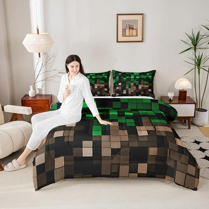 Miners Pixel Checked Kids Comforter Set Queen Size,Video Games Check Lattice Bedding Set,Girl Boy Room Decor,Game Cartoon Gamepad Quilt Comforter,Green Brown Duvet Set Bedroom Quilt Set,2 Pillowcases