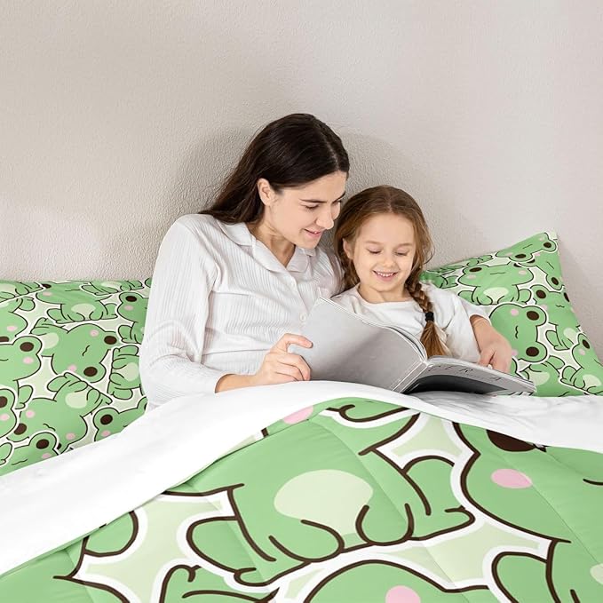 Frog Comforter Set Twin Size, Cartoon Frog Bedding Set For Kids Boys Girls Teens, Kawaii Green Wild Animals Down Comforter, Cute Wildlife Farmhouse Rustic Funny Quilt Set 1 Pillow Case Bedroom Decor