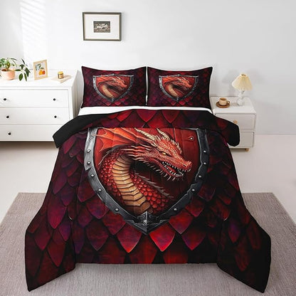 Castle Fairy Dragon Bedding Set for Boys Girls,Western Fierce Animals All Season Cozy Comforter Set Full Size,Dragon Scales Duvet Set Bedroom Decor,Festival Gifts