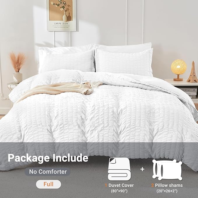 HYMOKEGE White Duvet Cover Full Size, Ultra Soft 3-Piece Seersucker Duvet Cover Set with Zipper Closure, Soft Brushed Microfiber Bedding Set with 8 Corner Ties (80"x90", 2 Pillowshams)