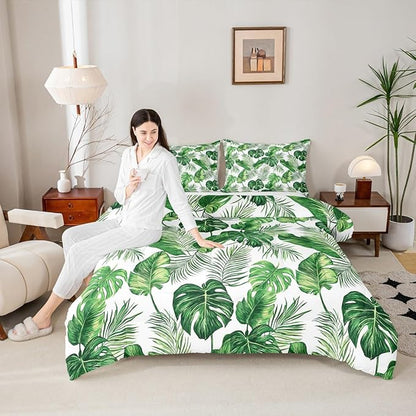 Erosebridal Palm & Monstera Leaves Comforter, Full Size - Lightweight Green & White Hawaiian Bedding Set with 2 Pillow Cases