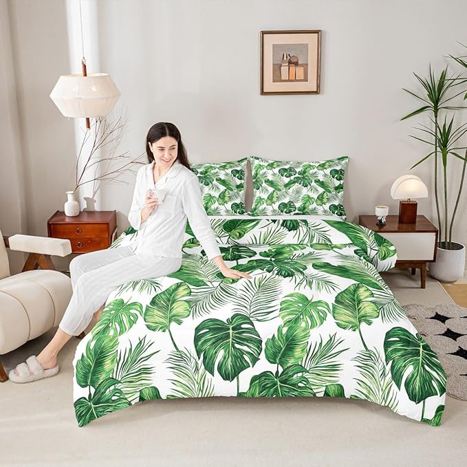 Erosebridal Palm Leaves Comforter Set Hawaiian Bedding Set Monstera Banana Leaves Down Comforter Queen Size Summer Tropical Leaves Quilt Set Green White Lightweight 3Pcs Bedroom Decor
