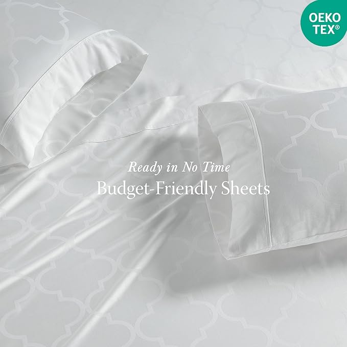 Threadmill 100% Cotton Sheets for King Size Bed | 4 Pc King Bed Sheets Set | Soft, Breathable Lightweight Damask Sateen for All-Season Use | Snug Fit Elastic Deep Pocket King Sheets | White