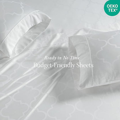 Threadmill Cotton Twin Sheet Set | 100% Cotton Sheets for Twin Size Bed | Damask Jacquard Sateen Twin Bed Sheets Set with 16” Deep Pocket | Soft Breathable 3-Piece Cooling Sheet Set | White