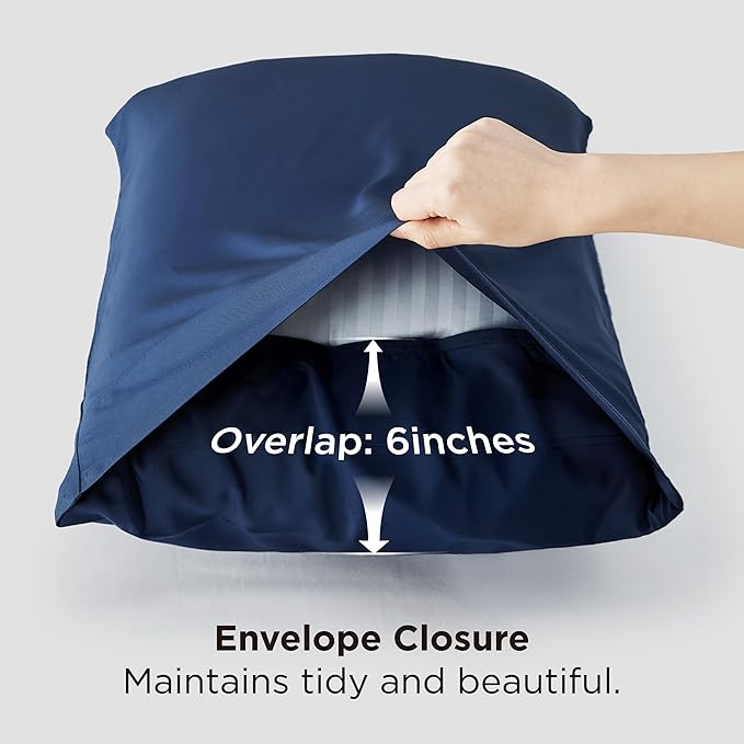 Bedsure Pillow Cases Standard Size, Cooling Pillow Cases, Rayon Derived from Bamboo Navy Blue Pillowcases Standard Set of 2, PureWoven Silky Soft Pillow Cover with Envelope Closure, 20x26 Inches