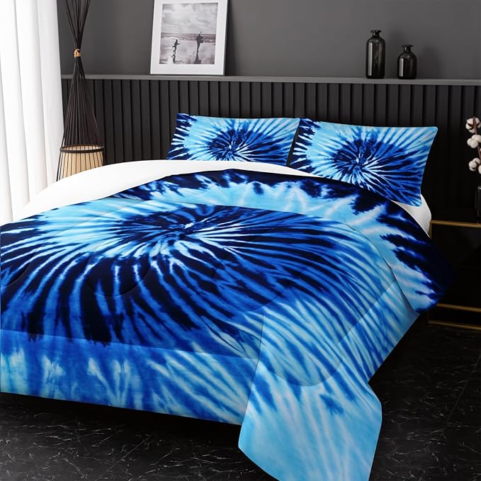 Blue Tie-dye Comforter Sets Twin Size,Abstract Modern Art Bedding Set for Your Room,Graffiti Soft Lightweight Quilted Set All Season 1 Comforter and 2 Pillowcases