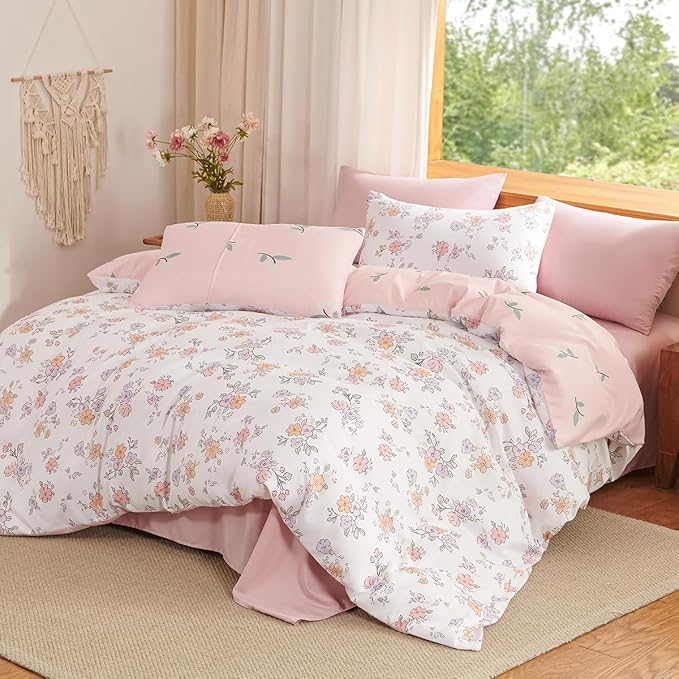 Floral Comforter Set King Size - 3 Pieces Pink White Floral Comforter Bedding Sets Reversible Pattern,King Bed in a Bag with Flowers Comforter and 2 Pillowcases