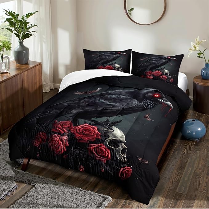 Black Crow Red Rose Skull Comforter Set Queen Size Halloween Gothic Roses Skeleton Bedding Set Holiday Decoration Bedding Black Floral Bird Down Comforters Soft Microfiber Comforter Sets