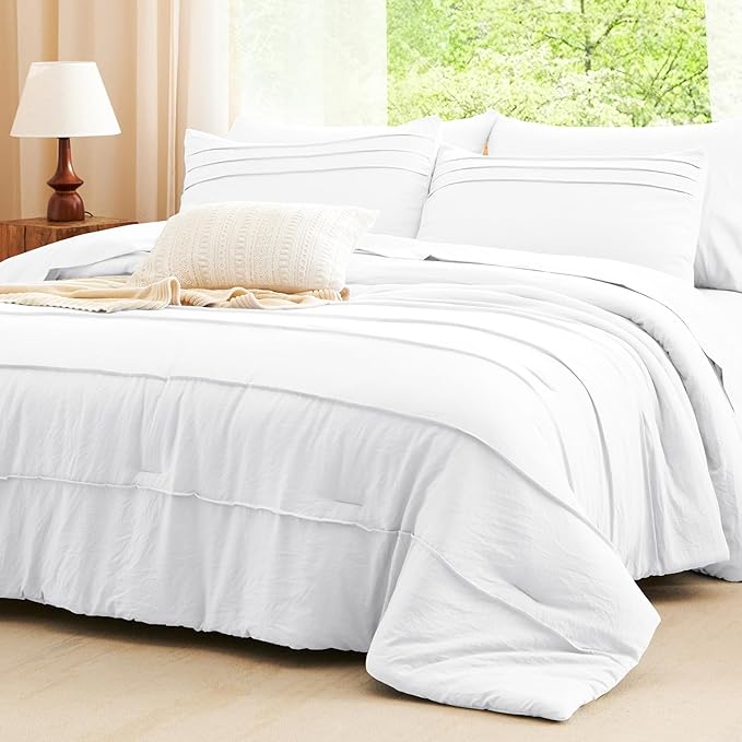 CozyLux Full Size Comforter Sets White, 7 Pieces Soft Pinch Pleat Bed in a Bag Full Comforter Set with Sheets, Boho Bed Set with Down Alternative Comforter, Sheets, Pillowcases & Shams