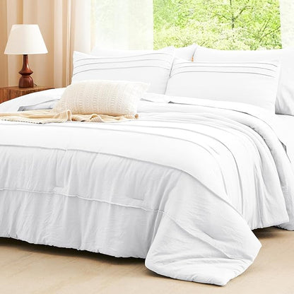CozyLux Full Size Comforter Sets White, 7 Pieces Soft Pinch Pleat Bed in a Bag Full Comforter Set with Sheets, Boho Bed Set with Down Alternative Comforter, Sheets, Pillowcases & Shams