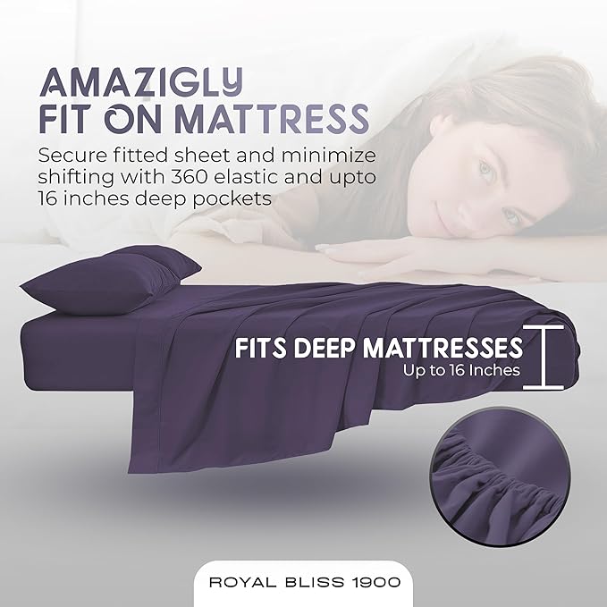 Queen Sheet Set - 4 Piece Bedding - Double Brushed Cooling Sheets, Deep Pocket, Plum