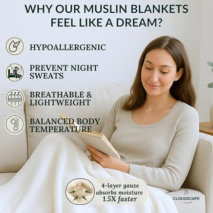 CLOUDSCAPE 100% Cotton Muslin Throw Blanket for Adults - 4 Layer 50x70 Oversized Breathable Gauze Bedding, All Season Spring Gifting, Cozy Lightweight Throw for Sofa, Couch, Home Decor - White