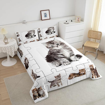 3D Cats Print Comforter Set King,Cute Pet Theme Bedding Set for Boys Girls Teens Bedroom Decor,Lovely Kittens Kids Cartoon Animal Quilt Set Super Soft Duvet Set,Gift for Her Him