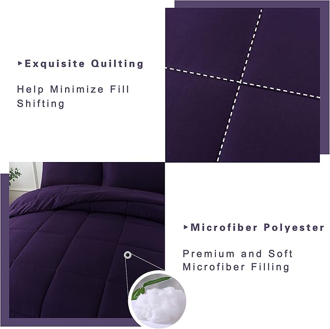 DOWNCOOL Full Size Purple Bedding Comforter Set - All Season Down Alternative Quilted Comforter with 2 Pillowcases - 3 Pieces Set