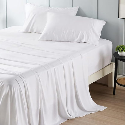 Bedsure California King Sheet Sets, Cooling Sheets, Rayon Derived from Bamboo, Deep Pocket Up to 16", PureWoven, Breathable & Soft, Hotel Luxury Silky Bedding for Hot Sleepers, White