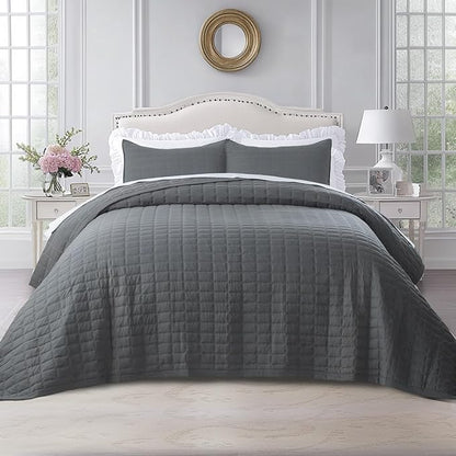 KASENTEX Twin Quilt Set 68"x86", Lightweight 3-Layer Bedspread, Soft Washed Polyester Microfiber, All-Season Quilt (1 Quilt + 2 Pillow Shams), Dark Grey