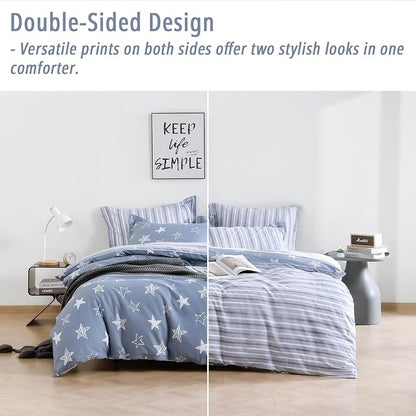 Blue Cotton Comforter Queen Size 3Pcs - White Doodle Style Stars on Denim Blue Front, Gray Stripes on Back, Reversible Lightweight Bedding Sets with Soft Fill(Queen, 90"×90")