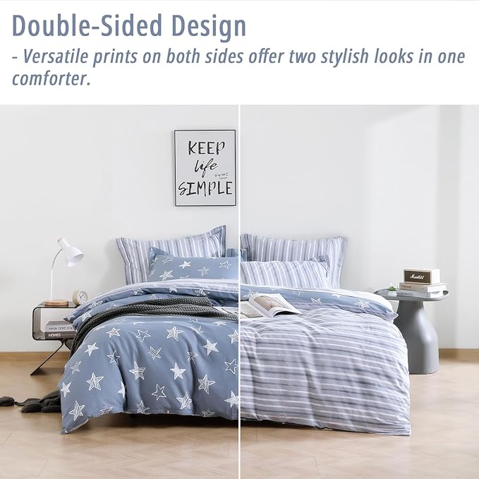 Blue Cotton Comforter King Size 3Pcs - White Doodle Style Stars on Denim Blue Front, Gray Stripes on Back, Reversible Lightweight Bedding Sets with Soft Fill(King, 104"×90")