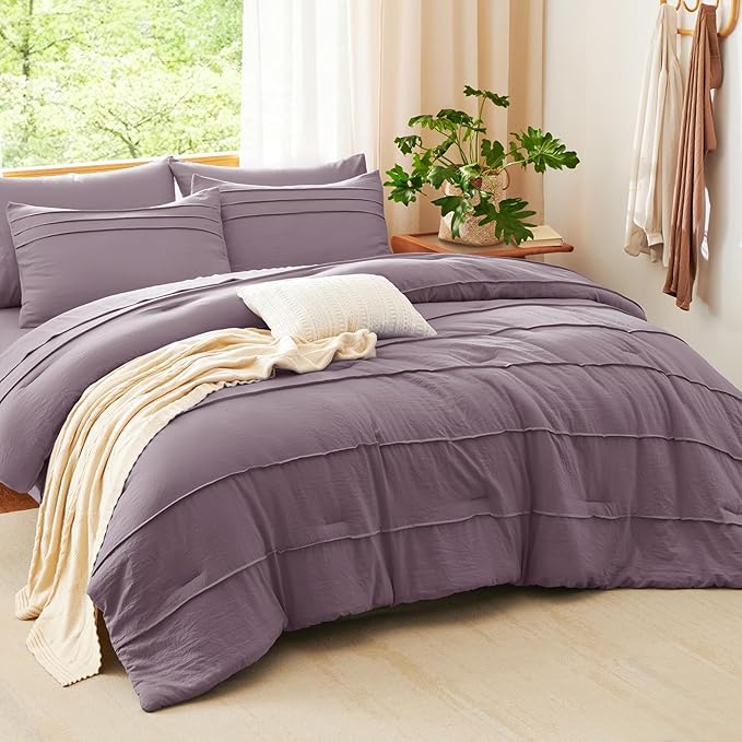 CozyLux Full Size Comforter Sets Dusty Purple, 7 Pieces Soft Pinch Pleat Bed in a Bag Full Comforter Set with Sheets, Boho Bed Set with Down Alternative Comforter, Sheets, Pillowcases & Shams
