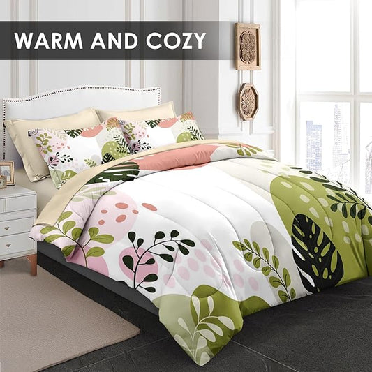 Comforter Set Full Size, Tropical Leaves 7 Pcs Bedding for Kids and Adults, Colorful Bed Sheet Sets with Fitted Sheet 2 Pillowcase & 2 Sham for Bedroom Bed Decor