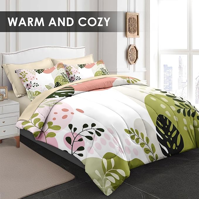 Comforter Set King Size, Tropical Leaves Flower 7 Pcs Bedding for Kids and Adults, Vintage Floral Bed Sheet Sets with Fitted Sheet 2 Pillowcase & 2 Sham for Bedroom Bed Decor