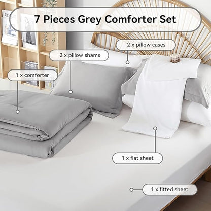 weigelia Queen Comforter Set Boho Bed Comforter Set 7 Pieces Grey Comforter Queen Size Soft All Season Microfiber Comforter with Fitted Sheets, Flat Sheets, Pillow Shams, and Pillowcases