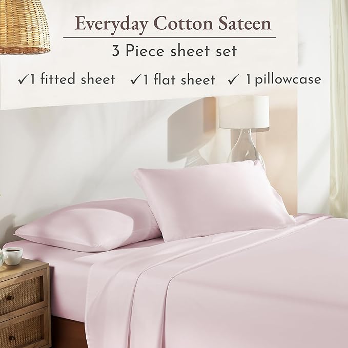 California Design Den XL Twin Sheets Set - Natural 100% Cotton Sheets with 12" Pockets, Soft Sateen Weave, Breathable and Durable Bedding Set for Dorm Rooms, College (Pink)