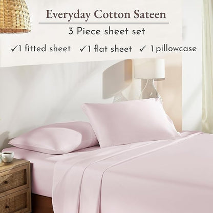 California Design Den XL Twin Sheets Set - Natural 100% Cotton Sheets with 12" Pockets, Soft Sateen Weave, Breathable and Durable Bedding Set for Dorm Rooms, College (Pink)