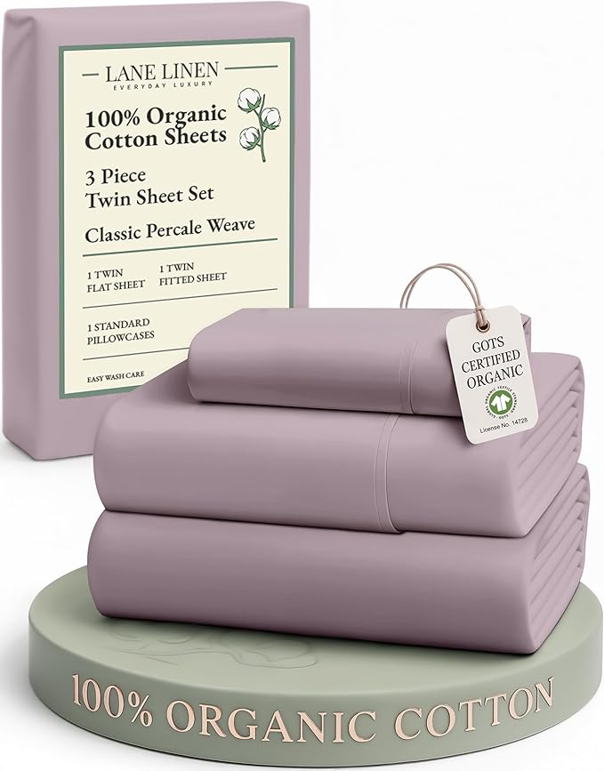 LANE LINEN Sustainable 100% Organic Cotton Twin Size Bed Sheets, Soft & Comfy Mercerized Fully Elasticized Naturally Cooling Machine Washable Twin Sheet Sets Cotton- Lilac