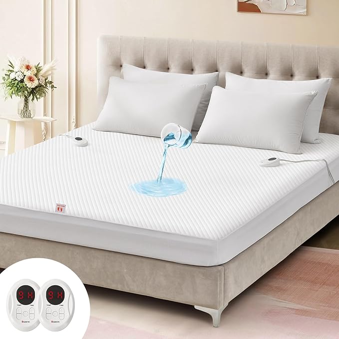 Bwarm Waterproof Heated Mattress Pad, ETL Certified Bed Warmer with Memory Function 9 Heat Settings, 1-12 Hours Auto Off Deep Pocket, Machine Washable, White CA King
