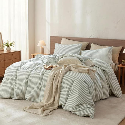 Nayoroom Striped Duvet Cover Queen Size - 100% Washed Cotton White Duvet Cover with Green Stripes Pattern, 3 Pieces Soft Breathable Girls Dorm Bedding Set for Hot Sleepers, Yarn Dyed Process
