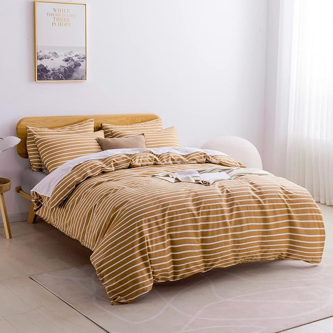 JELLYMONI Twin Duvet Cover Set, Cotton Duvet Cover 2 Pieces with Zipper Closure, 1 Duvet Cover and 1 Pillowcase(Rust with White Striped)